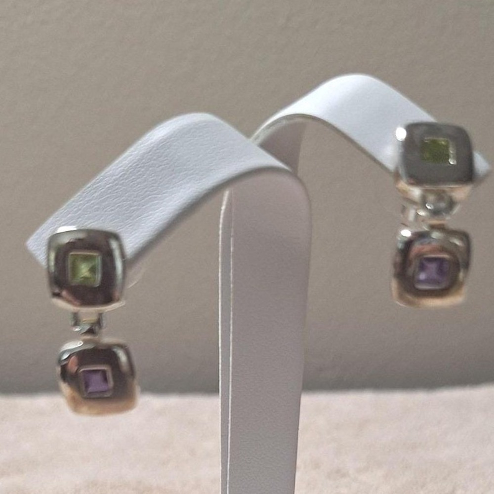 Peridot amethyst dangle drop earrings in sterling silver